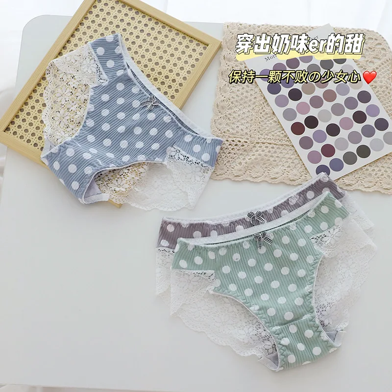 

Glamour Girl Underwear Japanese Soft Girl Polka-dot Underwear Striped Printed Lace Bag Hip Breathable Cotton Underwear Briefs