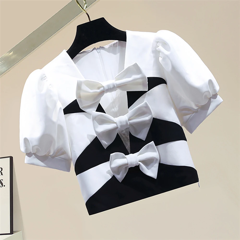 

Модный пэчворк с бантом с буфами на рукавах; Короткие женские блузки прямой короткий рукав футболки с v-образным вырезом S-L белая рубашка лет...