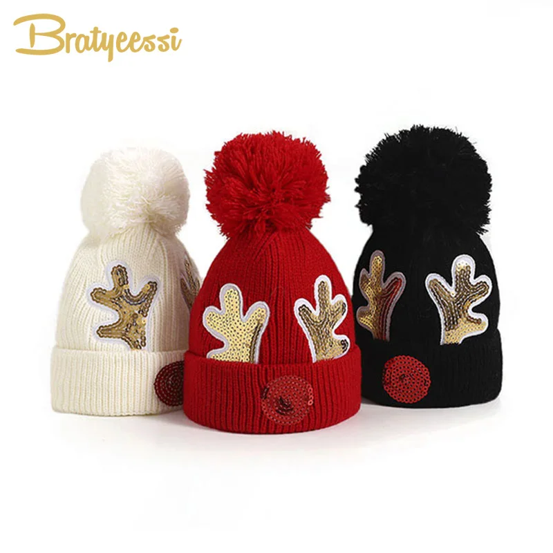 

New Baby Winter Hat Knitted Christmas Bobble Kids Hats Caps for Children Hats Pom Pom Beanies Baby Girl Boy Accessories 2-5Y