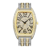pintime gold men watch fashion tonneau style quartz watches for men full diamond stainless steel band wristwatch