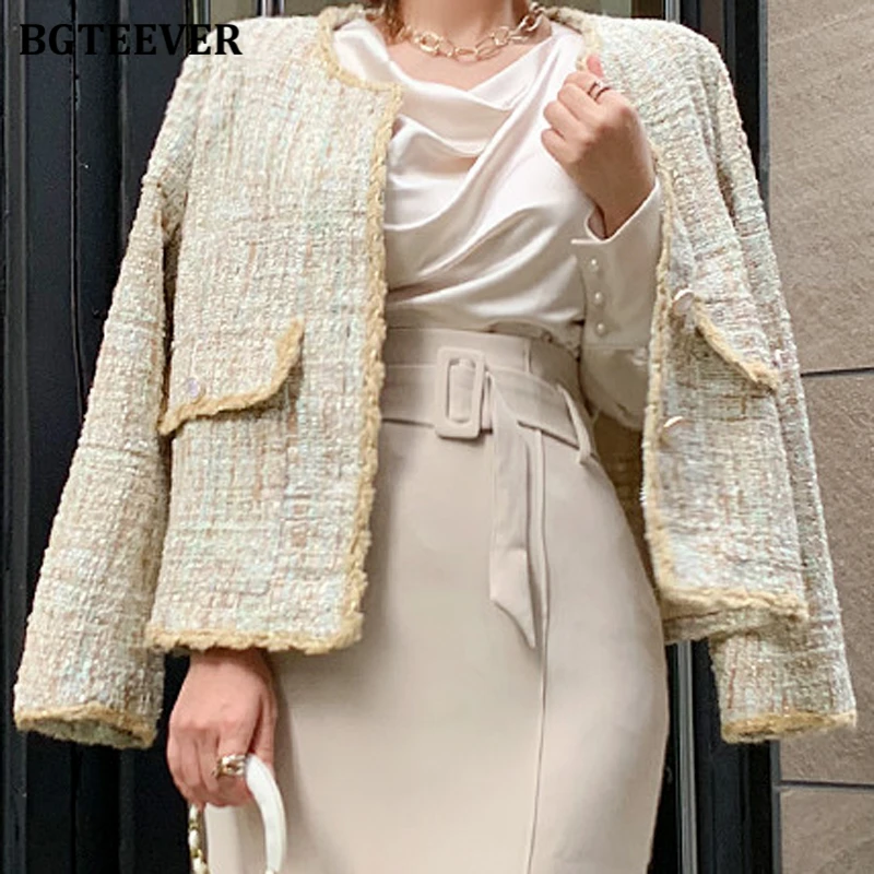 

BGTEEVER Elegant Ladies O-neck Short Blazer Autumn New Fashion Full Sleeve Single-breasted Loose Female Suit Jacket 2020 Outwear