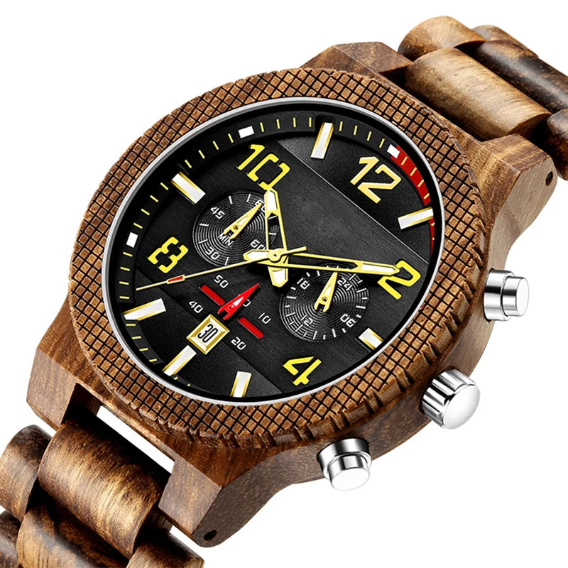 Модные деревянные часы мужские кварцевые наручные с хронографом датой 6