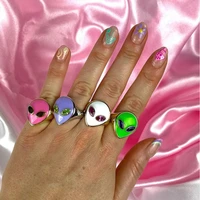 new fashion colorful green pink purple glass stone drop oil cute alien ring for women girls trendy jewelry gift