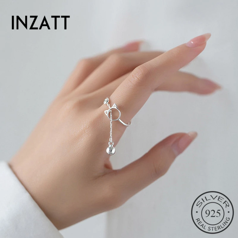 

INZATT Real 925 Sterling Silver Cat Chain Adjustable Ring For Fashion Women Party Fine Jewelry Hiphop Animal Bells Accessories