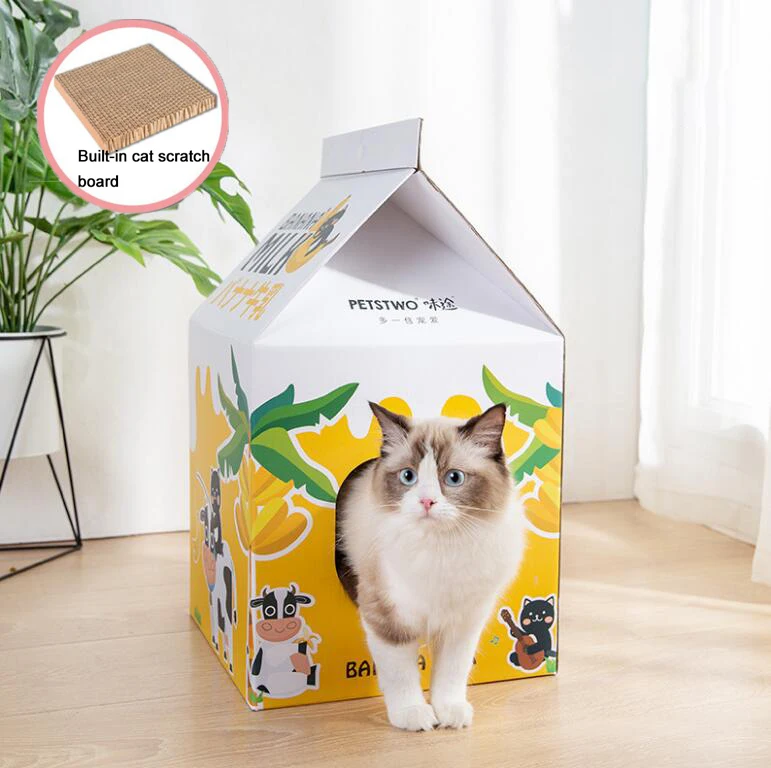 banana2 HIPET коробка для сока домик для кошек с скретч-доской Складная гофрированная бумага гнездо для домашних животных для маленьких собак щенков кошек спальный дом - Цвет: banana2