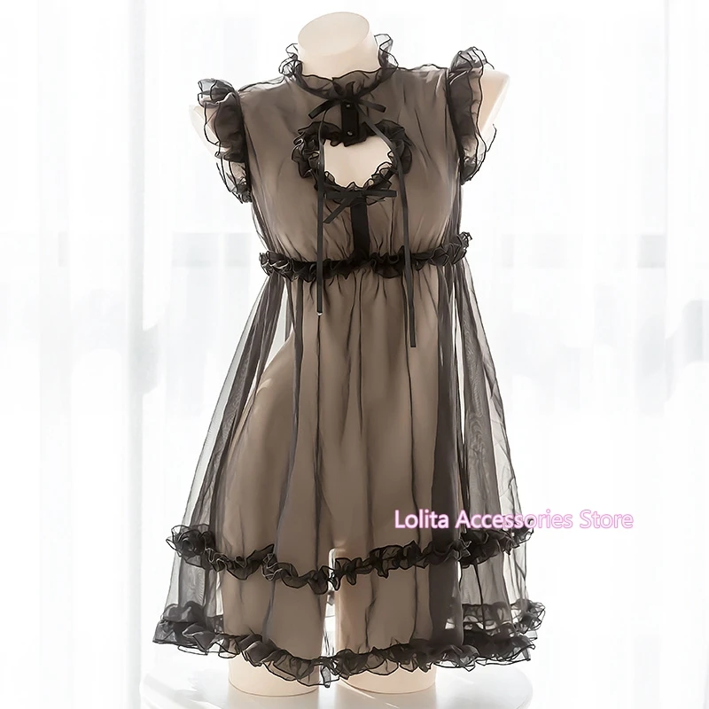 

Retro High Neck Super Sexy Lolita Underwear Cosplay Love Hollow Perspective Nightdress Women's Chiffon Lovely Sleevess Dress