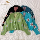 Кардиганы женские вязаные с цветочным узором, с V-образным вырезом