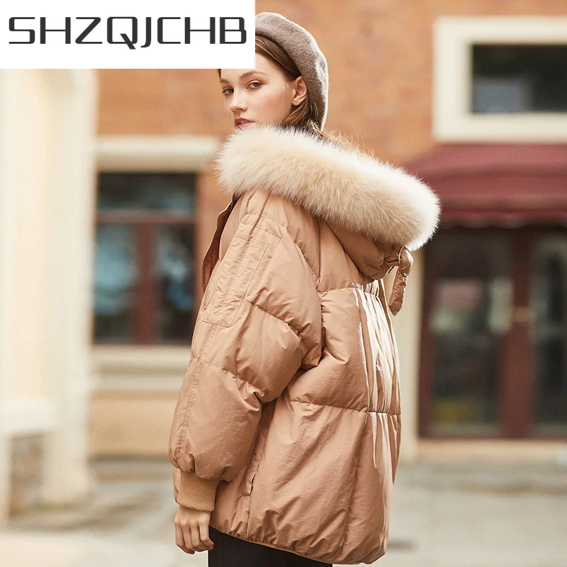 

Женский пуховик с капюшоном SHZQ, зимний пуховик на 90% белом утином пуху, Повседневная парка с капюшоном из натурального меха, LWL1164