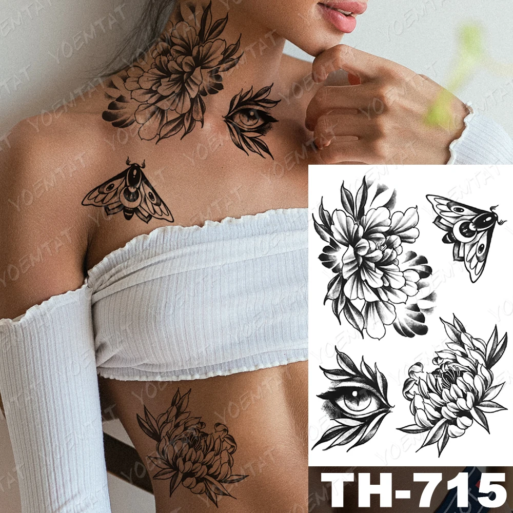 Waterproof Temporary Tattoo Stickers Rose Peony Flower Black Flash Tattoos Female Sketch Arm Chest Thigh Body Art Fake Tatoo Men images - 6