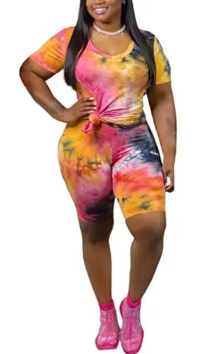 

Women's Plus Size 2 Piece Short Set Casual Tie Dye Print Shirt + Bodycon Shorts Tracksuit Sportswear Outfit