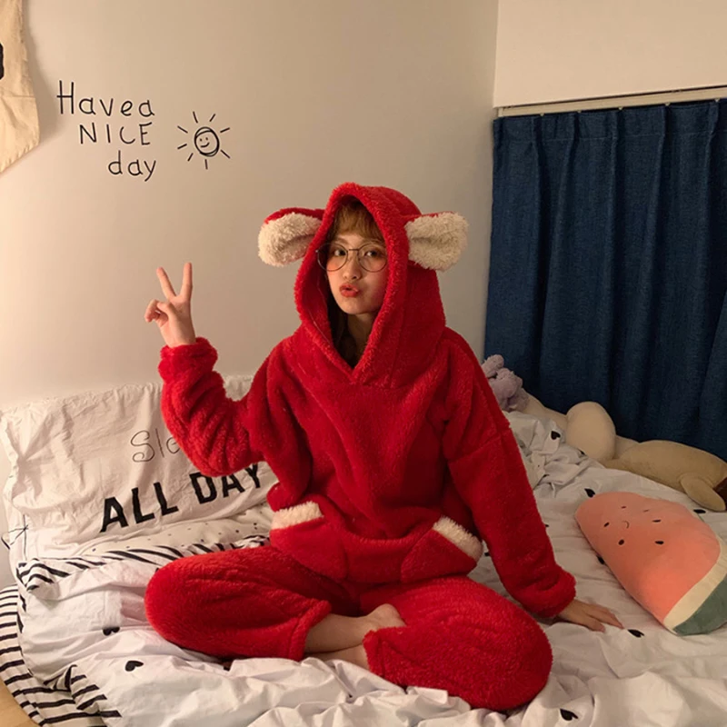 Осень Зима Женская домашняя одежда костюм толстый теплый коралловый фланелевая