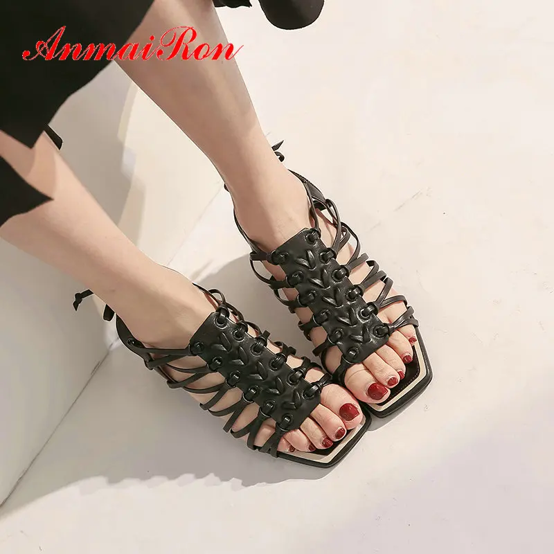 

ANMAIRON 2020 New Basic Narrow Band Women Sandals High Heel Sandals Genuine Leather Casual Lace-Up Gladiator Sandals Women