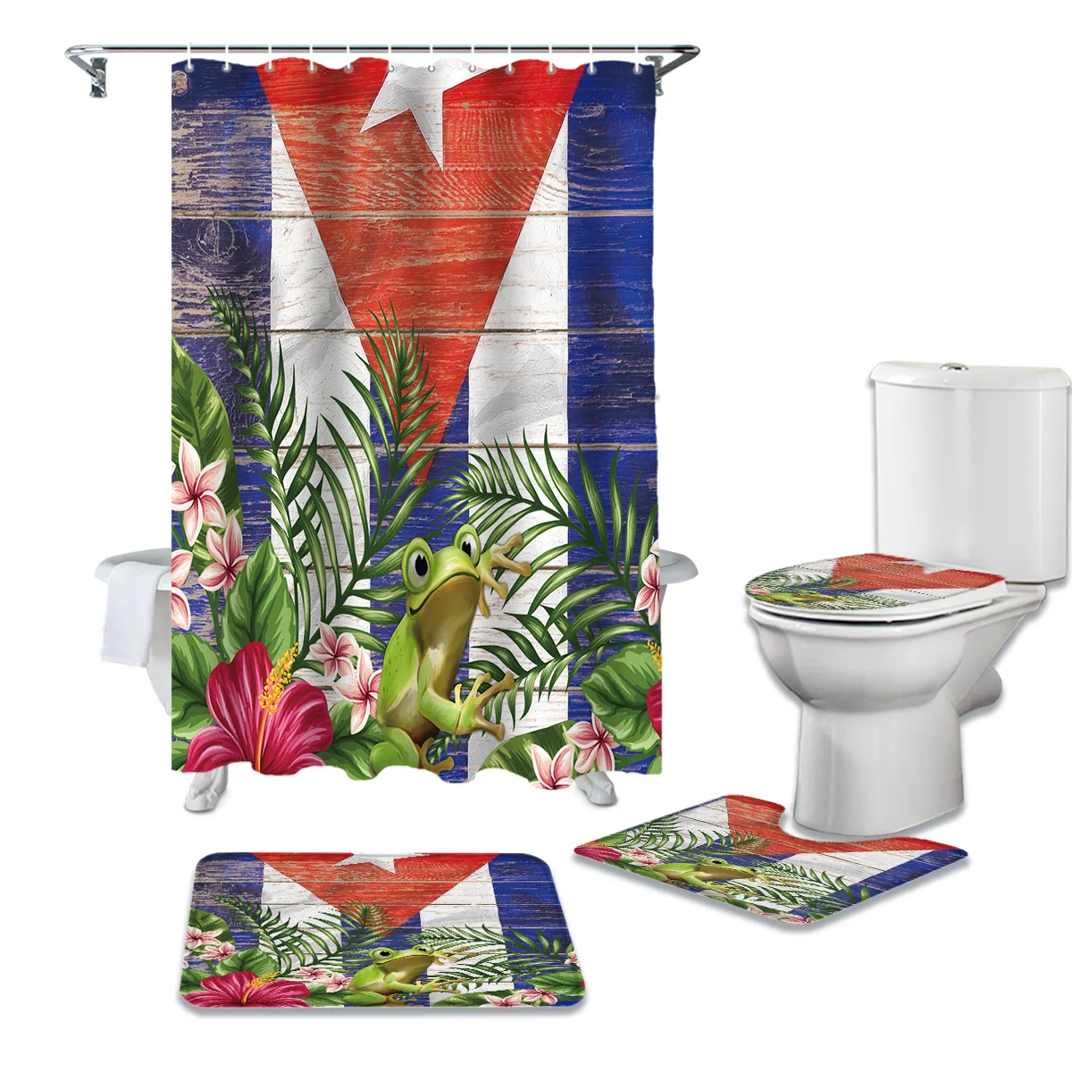 Пуэрто-Рико Флаг Лягушка Цветок Винтаж деревянный Душ наборы занавесок