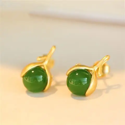 

Natural Hetian Jade Ear Studs Women's Sterling Silver Anti-Allergy Jasper Earrings Women's Graceful and Petite Retro Chinese Sty