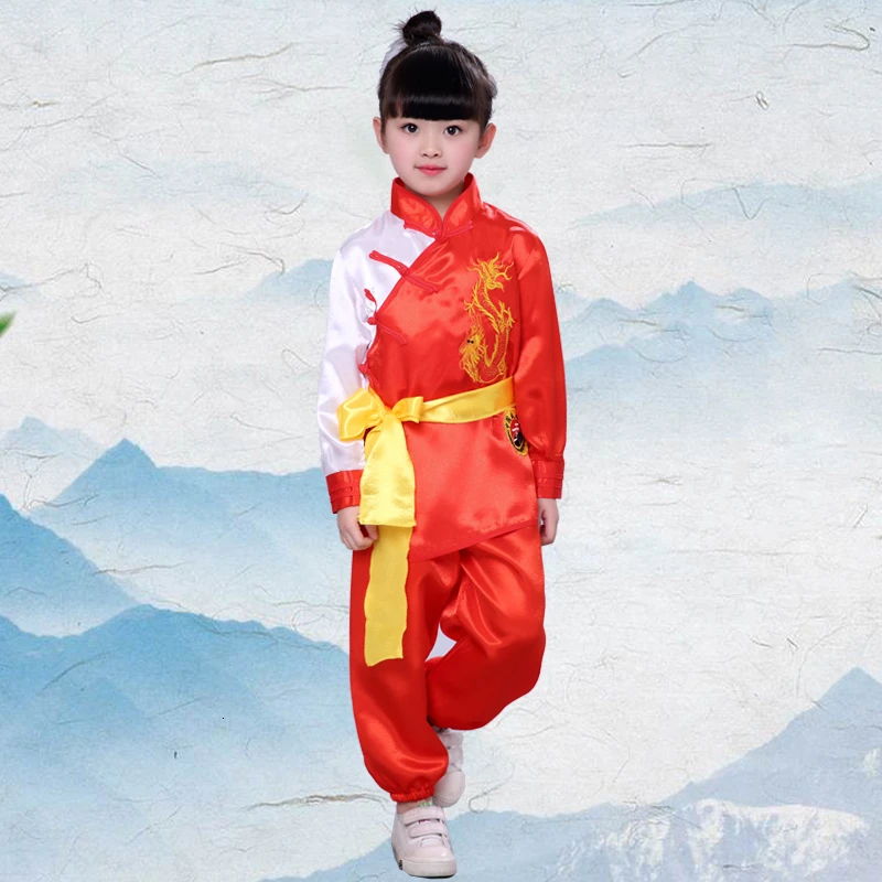 Red Long Set Традиционная китайская одежда для мужчин Дети Вышивка Дракон Униформа кунг-фу восточные дети Тай Чи у Шу Шао Лин костюмы - Цвет: Red Long Set