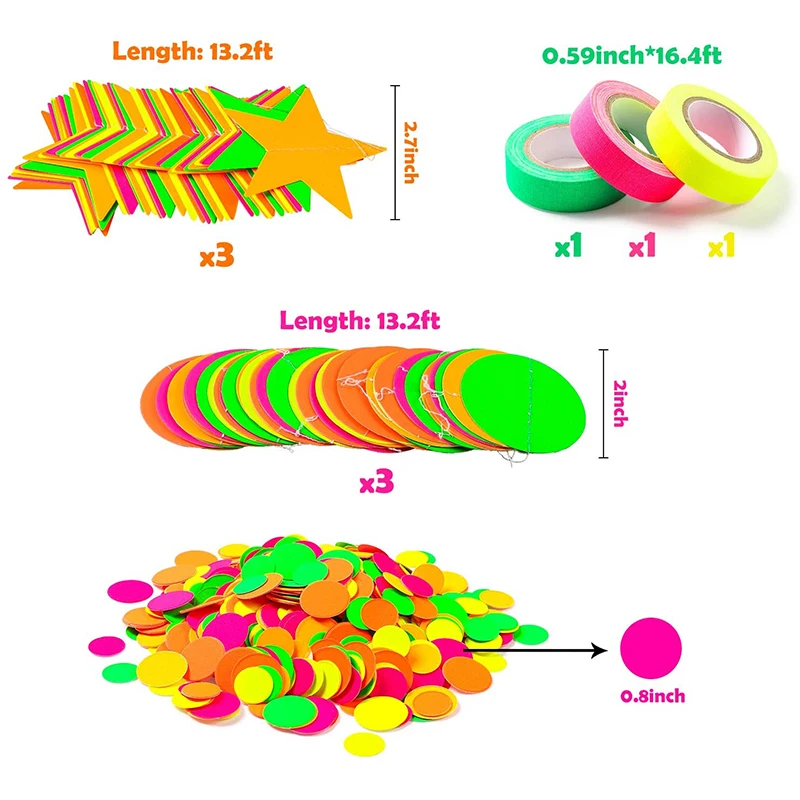 

86.6ft Paper Neon Garland Black Light Reactive Tapes Glow in The Dark Party Supplies Circle Dots Star Hanging Decors for Party