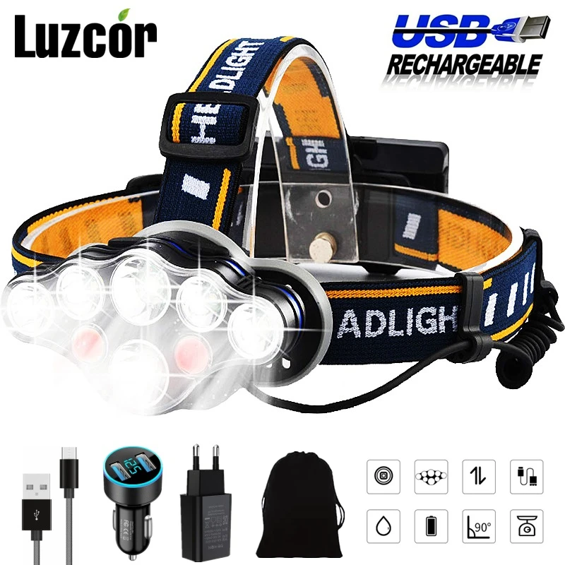 

Налобный фонарь с 8 светодиодами, перезаряжасветодиодный налобный фонарь, светодиодный налобный фонарь T6 COB с инфракрасным светом, 18650, USB, во...