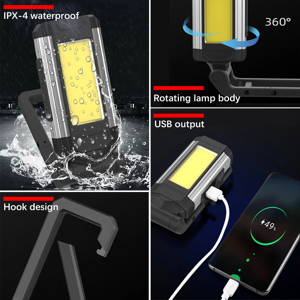 usb rechargeable cob work light super bright led flashlight portable camping lamp with tail magnet waterproof adjustable lantern free global shipping