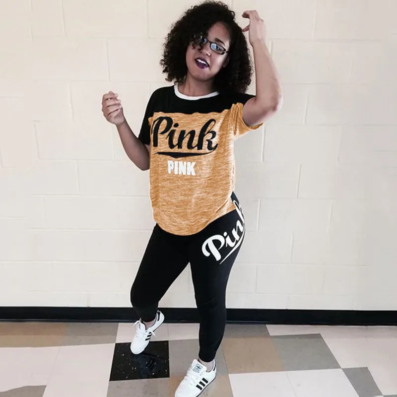 Горячая надпись розовый принт женский наряд короткий рукав Футболка и длинные