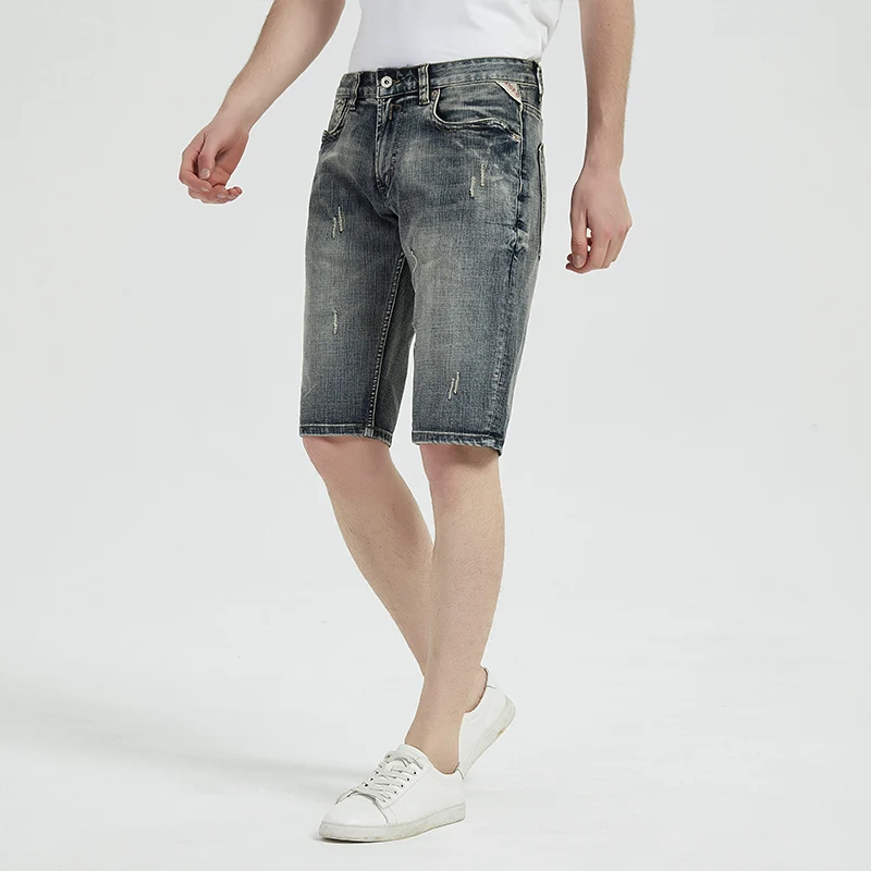 European American Summer Fashion Men Jeans Retro Gray Blue Distressed Wash Ripped Short Jeans Men Vintage Designer Denim Shorts