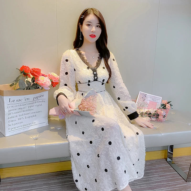 

COIGARSAM Vintage Polka Dot Women dress New Spring Lace High Waist V-Neck Dresses 9901