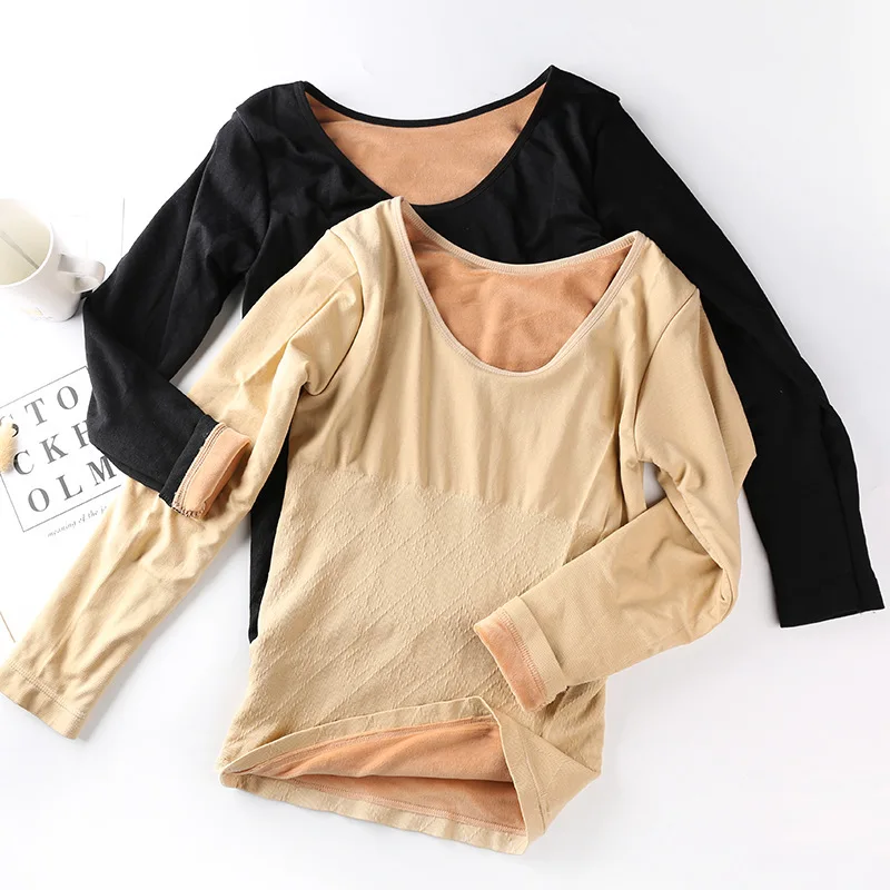 

Thermal Underwear Female Long-sleeved Seamless Double-layer Thickening Plus Velvet Round Neck Heating Single-piece Thermal Top