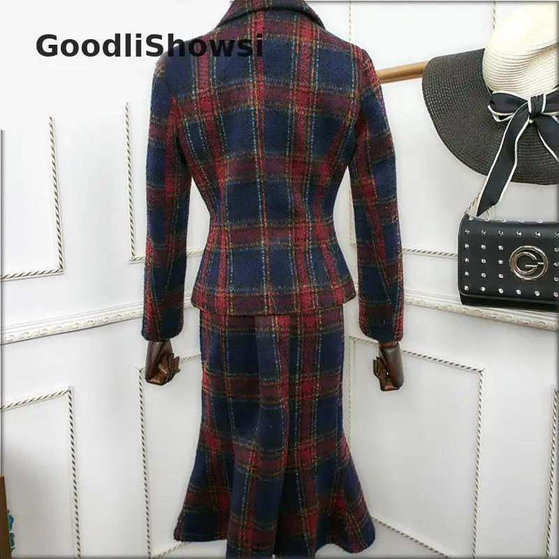 GoodliShowsi, Новое поступление, модные комплекты из 2 предметов, женские комплекты, шерстяной клетчатый костюм, Топы+ юбка «рыбий хвост», костюмы, подходящие комплекты, наряды