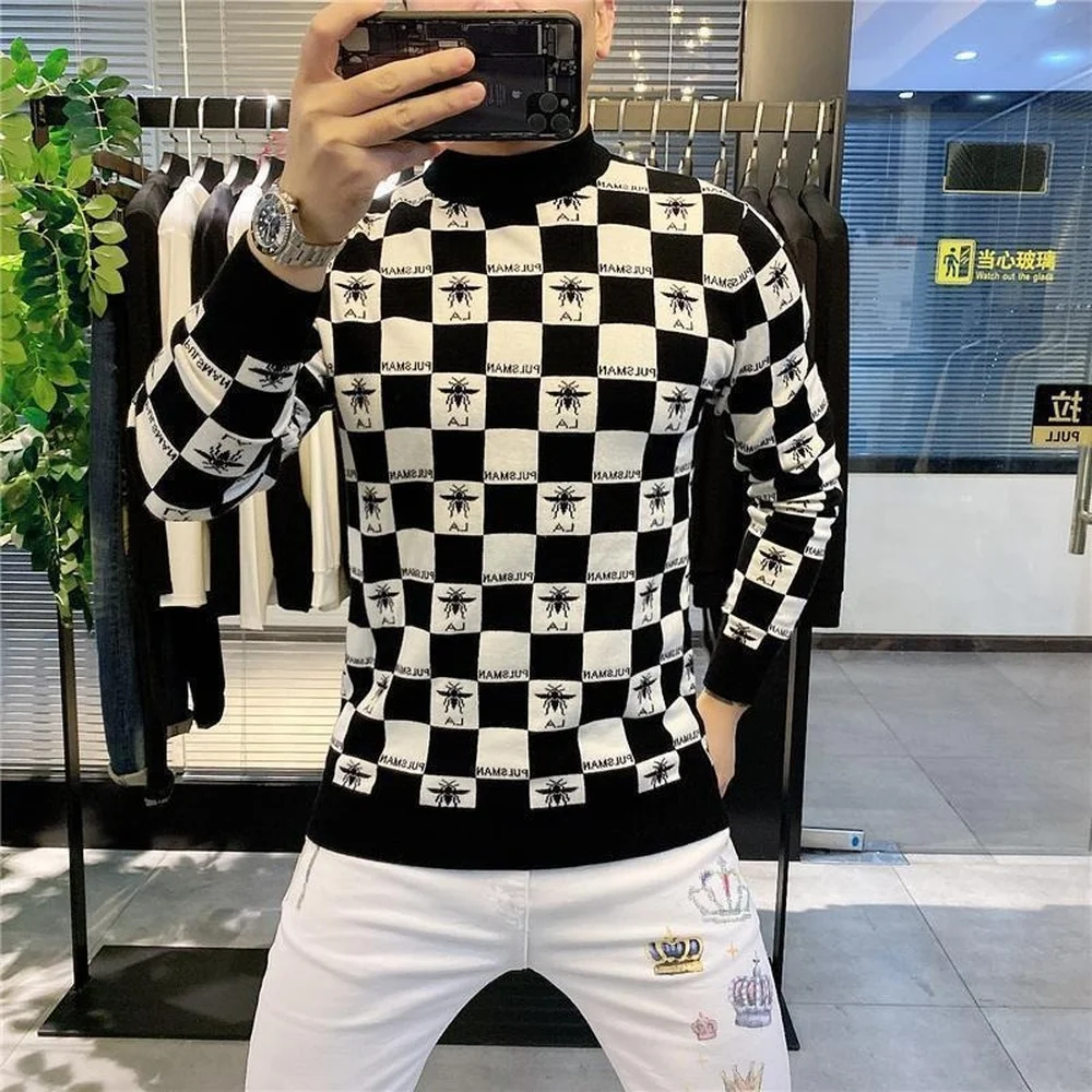 

High Quality Men's Knitted Sweater Spring and Autumn Korean Warm Thick Sweater Khaki Lattice Bee Pattern Winter Retro Sweater