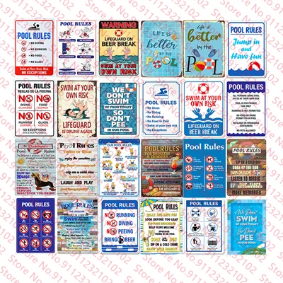 

Pool Rules Tin Sign Classic Vintage Swimming Club Art Decor Iron Plate Paintings Swim Bar Cafe Metal Plaques