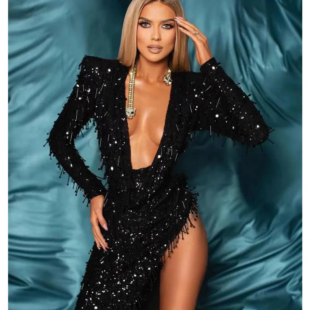 

Women Luxury Sequined Evening Party Dress Sexy Long Sleeve Deep V Neck Split Maxi Dresses Cocktail Celebrity Singer Stage Wear