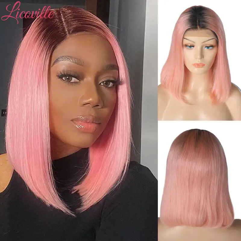 

Парик 1B Pink Ombre Bob, Короткие парики 13x4, фронтальные парики со шнуровкой, стандартные прямые бразильские волосы, парик для черных женщин Licoville