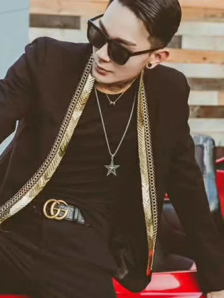 Модные золотые металлический лист объемный Клубные вечерние Блейзер Для мужчин