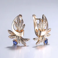 585 rose gold flower leaf cz blue stone dangle earrings for women girls stylish elegant fashion jewelry ge336