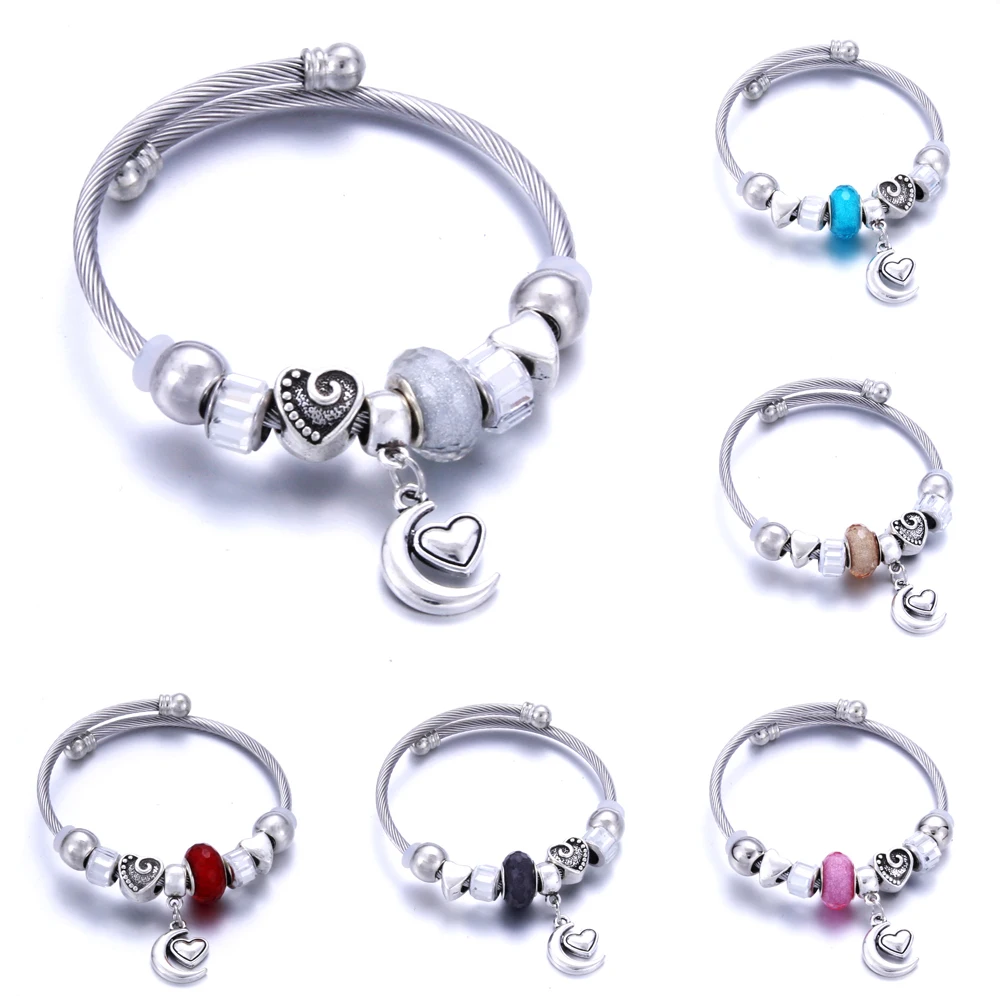 

Open spring Bangles Beaded Bracelet Fit Jewelry Moon love Trendy Elastic metal beading Bracelet Butterfly love Jewelry