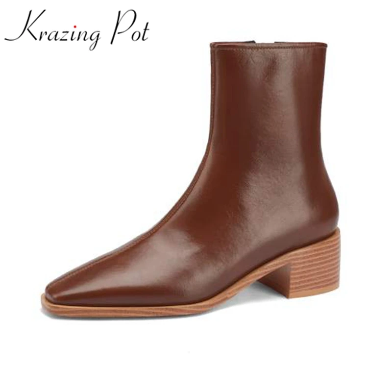 

Krazing Pot cow split leather med heels modern superstar square toe winter concise 2021 classic big size office lady ankle boots