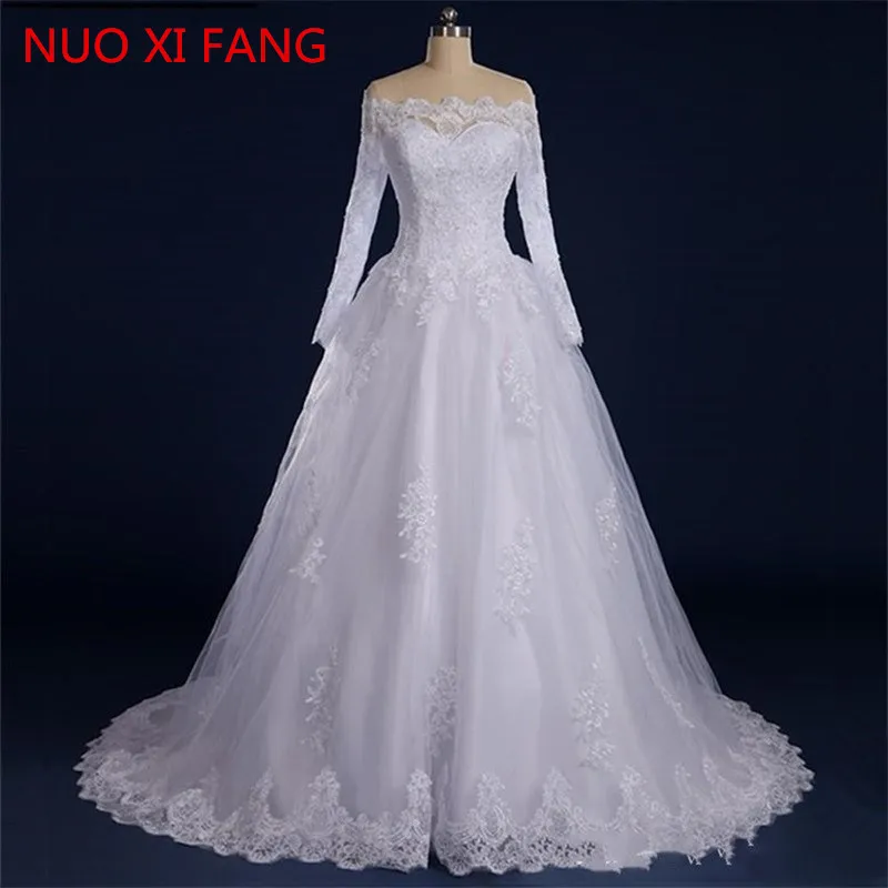 

Real Long Sleeve Arabic Wedding Dresses With Lace Appliques Offer Shoulder Princess high Quality bride dress vestido de noiva