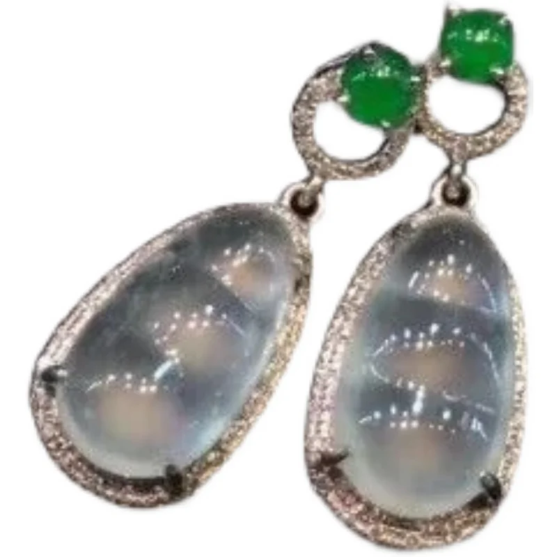 

S925 Sterling Silver with Diamond Inlaid Chalcedony Sauteed Green Beans Ear Clips and Ear Studs Elegant Elegant All-Match Fashio