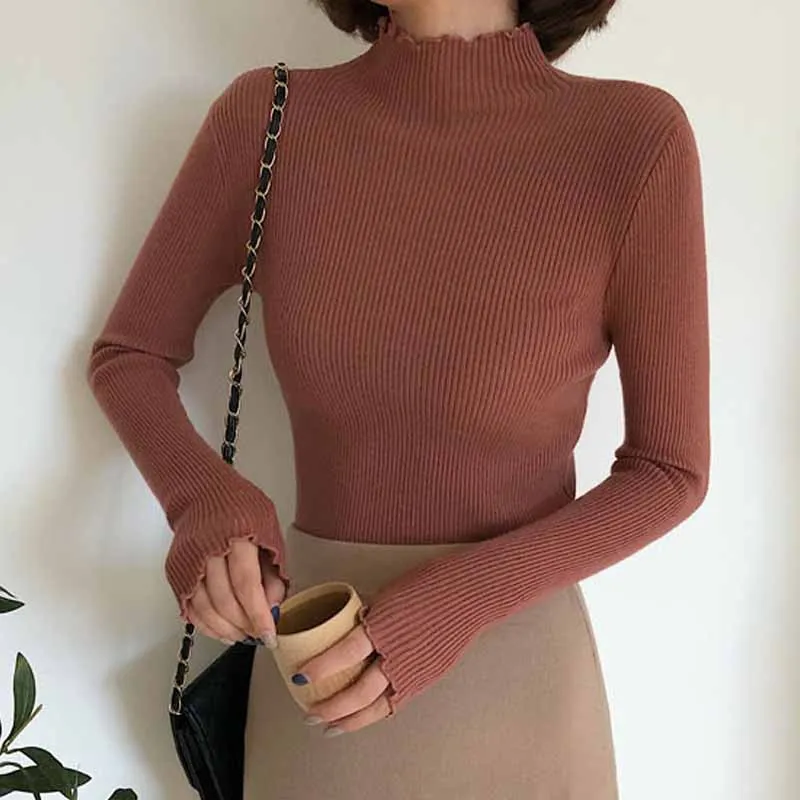

2021 Autumn Winter Turtleneck Women Sweater Knitted Pullovers High Elastic Solid Female Slim Tops Half-high Collar Sweaters
