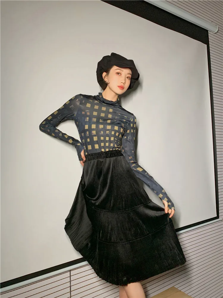 

Bornladies Vintage Plaid Long Sleeve Top Women Tshirt Turtleneck Print T Shirt Ladies Tee Spring 2021 Goth Fashion Top Clothing