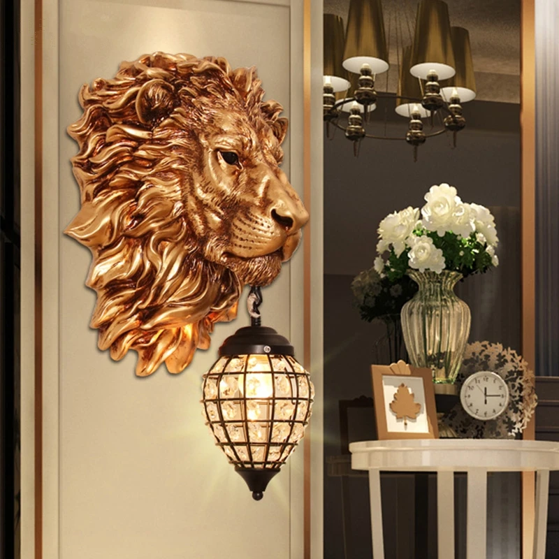 

Modern Luxury Crystal Led Wall Lamp Retro Art Resin Lion Lighting Decoration Lamp Living Room Corridor Animal Decor Wall Sconce