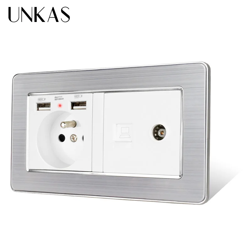Панельная французская розетка UNKAS из нержавеющей стали с двойным USB портом +