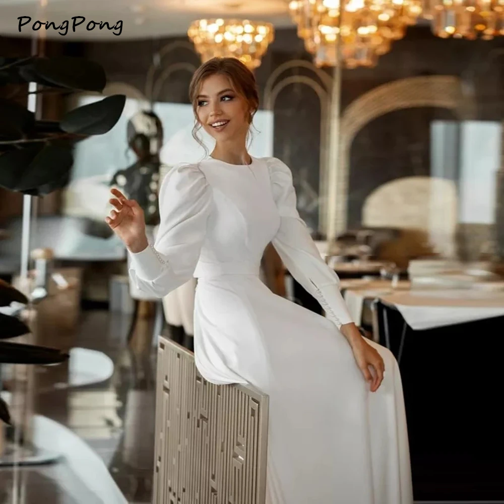 

Simple Soft Satin Weddding Dresses 2021 Elegant O Neck Long Sleeves Muslim Sweep Train Bridal Gowns Vestido De Noiva Plus Size