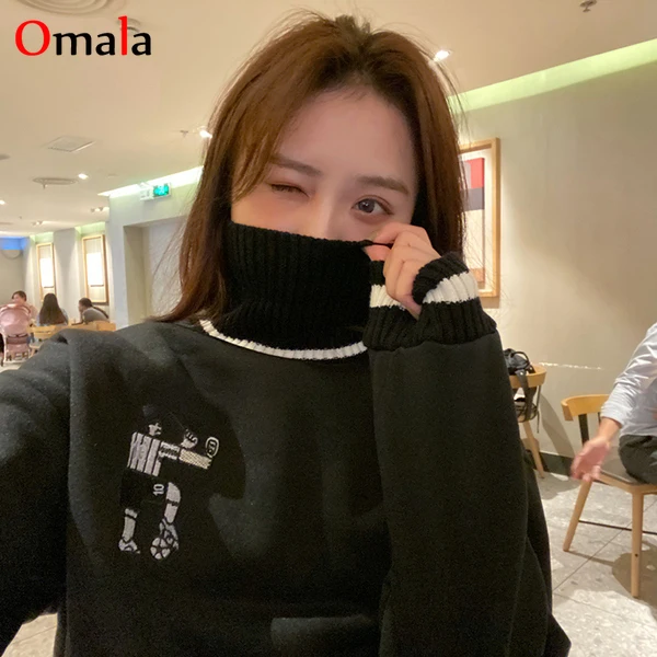 

New Winter women's plus velvet hoodies thick turtleneck cartoon embroidery pullover sweatshirt female fake two pieces streetwear