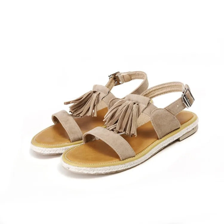 Сандалии женские на плоской подошве замшевые босоножки с пряжкой T-типа бахромой