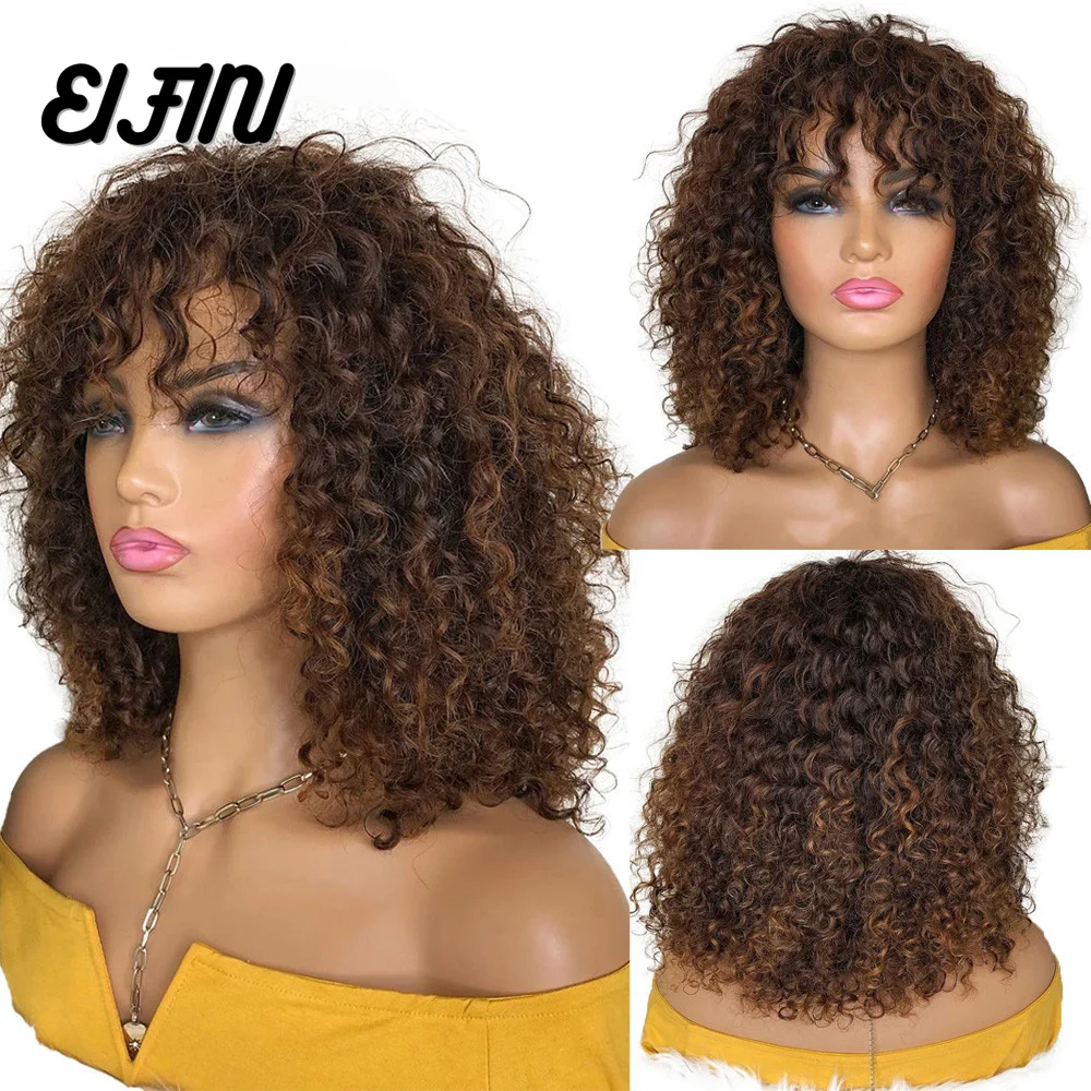 

Парик с короткими вьющимися волосами с челкой, парики без клея, человеческие волосы, парики для черных женщин коричневого цвета, бразильски...