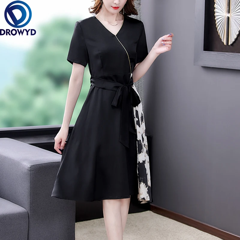 

Women Boho Midi Dress Summer 2021 New Office Lady Short Sleeve Patchwork Leopard Panelled V-Neck Black Dresses Traf Vestidos