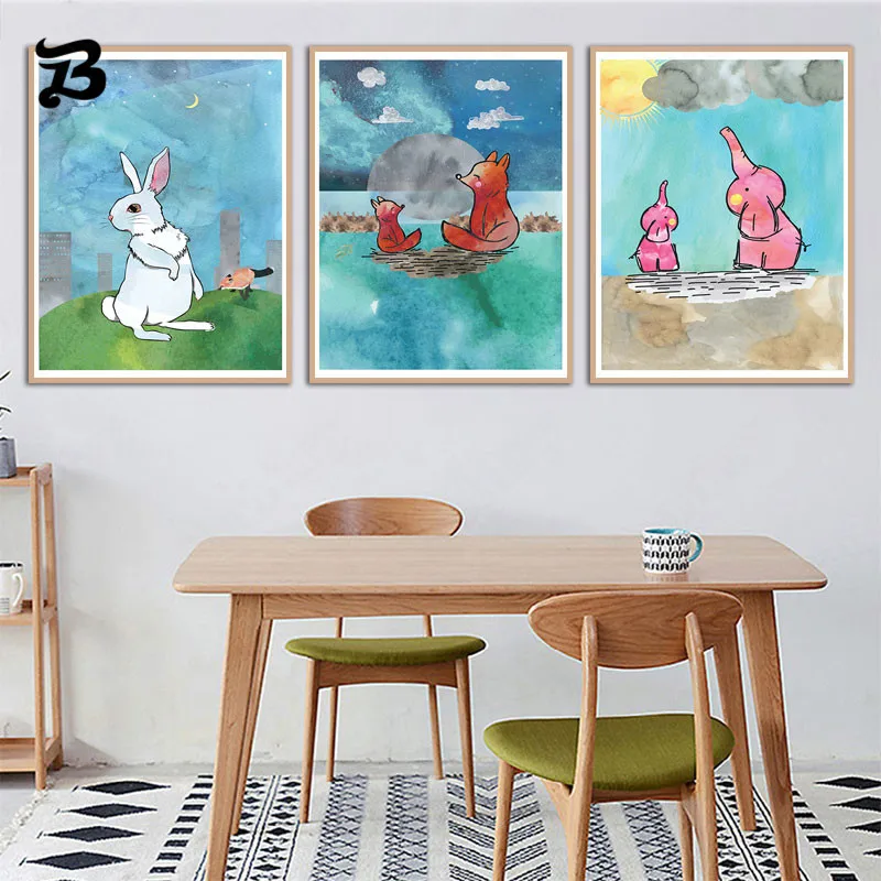 

Cartoon Comics Animals Canvas Painting Wall Art Watercolour Pink Elephant Rabbit Posters and Prints for Kid's Bedroom Home Decor