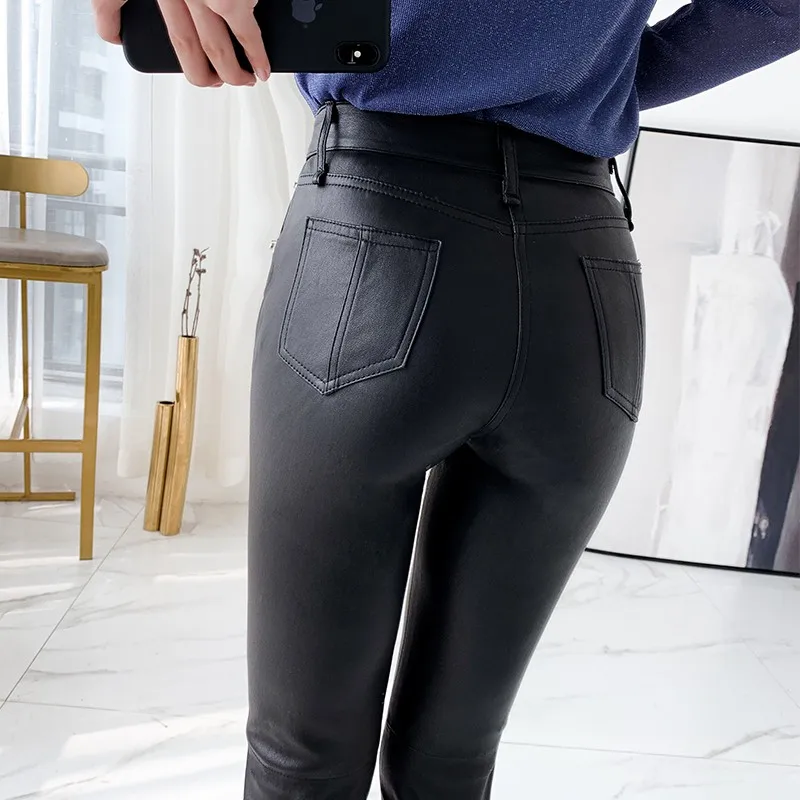 

Women Matte Sexy Leather Push Up Skinny Pencil Pants Office Ladies Stretchy Long Trousers Luxury Sheepskin Genuine Leather Pants