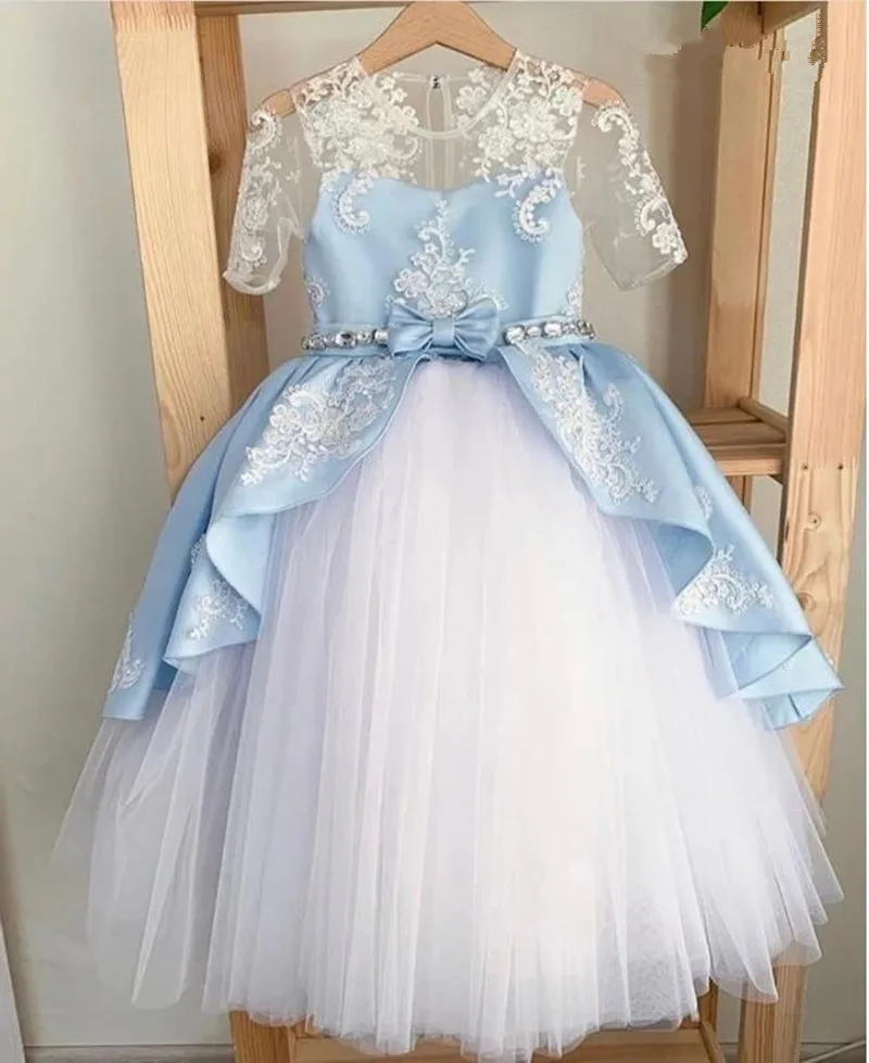 

2021 Blue Princess Flower Girl Dresses Puffy Tutu Sparkly Crystals Toddler Little Girls Pageant Communion Dress
