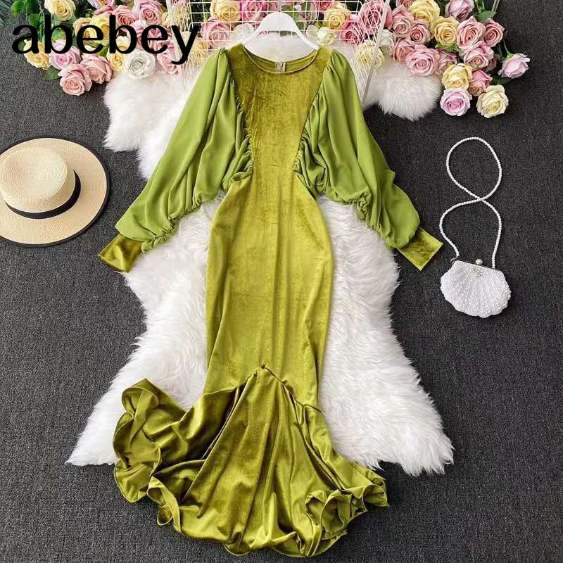 Винтажное бархатное платье для женщин с круглым вырезом и рукавами-фонариками